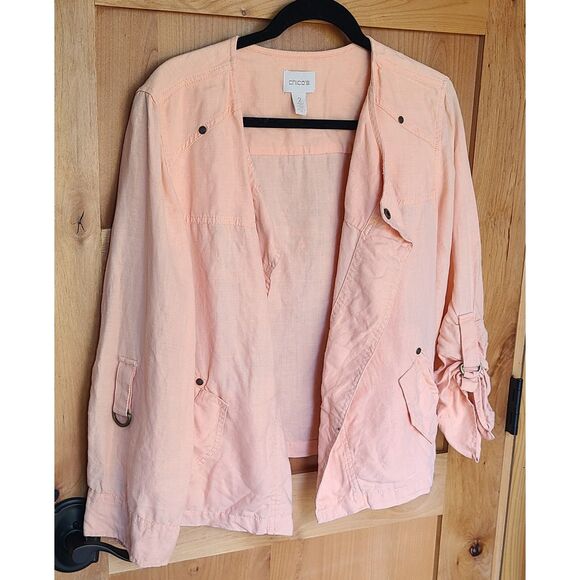 Chico's 100% Linen XL Orange Peach Shacket Shirt Jacket Sz 2 Lagenlook Pastel - Picture 6 of 6